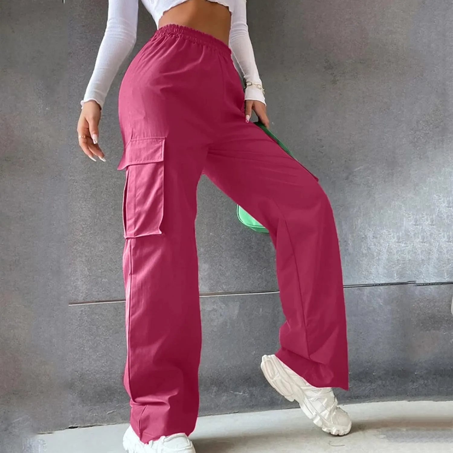 Women's Wide Leg Cargo Pants Plus Size Loose Elastic High Waisted Straight Leg Pants Y2k Loose Solid Lounge Trousers