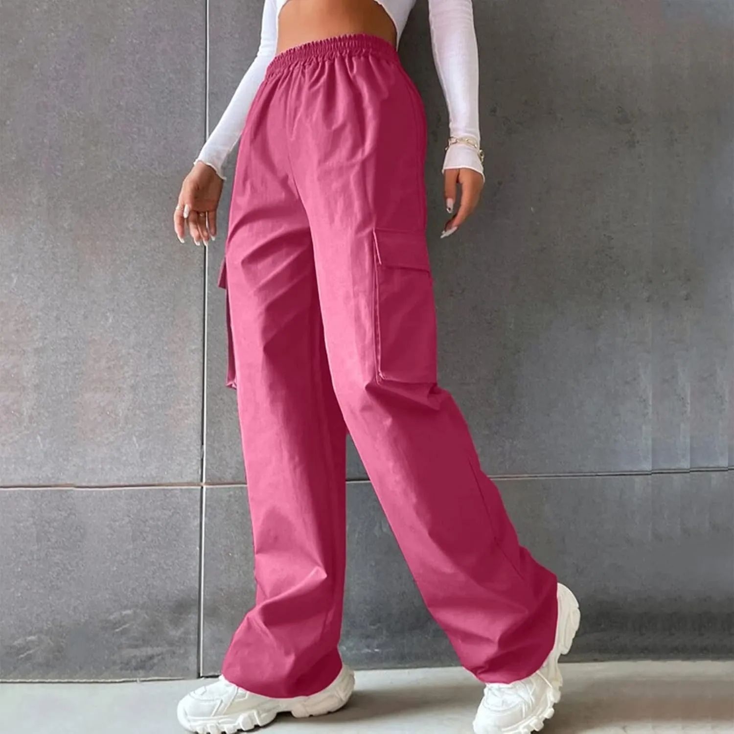 Women's Wide Leg Cargo Pants Plus Size Loose Elastic High Waisted Straight Leg Pants Y2k Loose Solid Lounge Trousers