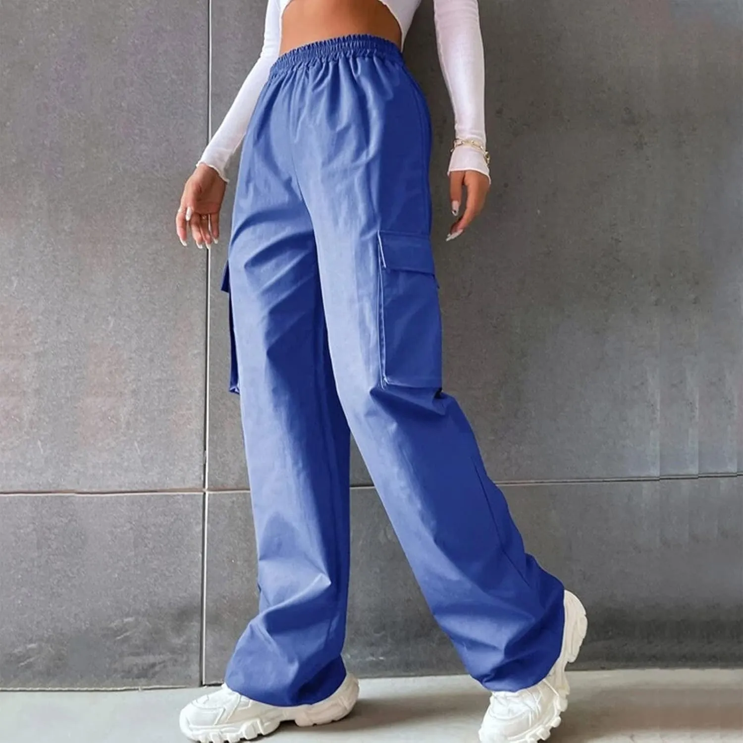 Women's Wide Leg Cargo Pants Plus Size Loose Elastic High Waisted Straight Leg Pants Y2k Loose Solid Lounge Trousers