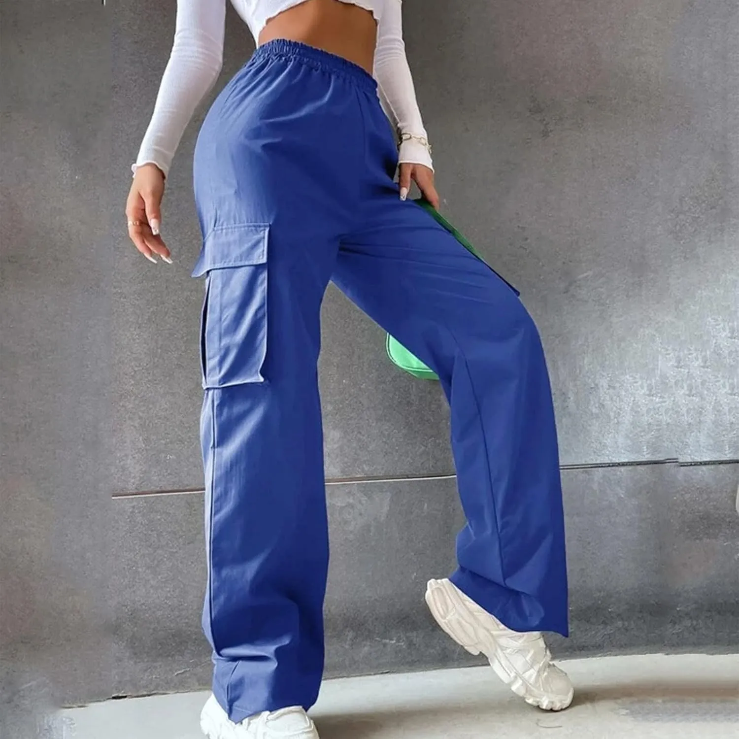 Women's Wide Leg Cargo Pants Plus Size Loose Elastic High Waisted Straight Leg Pants Y2k Loose Solid Lounge Trousers