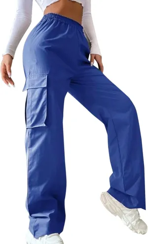 Women's Wide Leg Cargo Pants Plus Size Loose Elastic High Waisted Straight Leg Pants Y2k Loose Solid Lounge Trousers