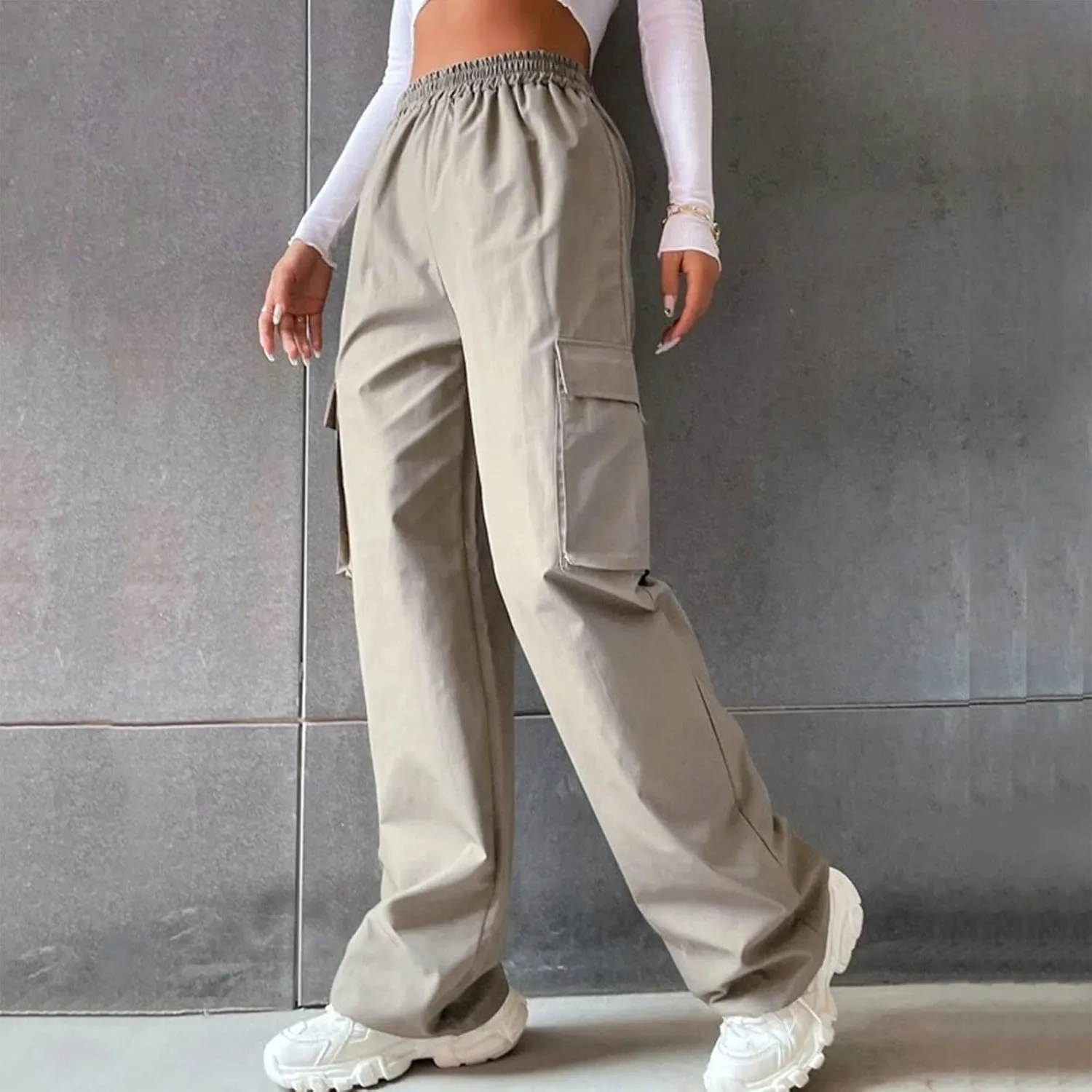 Women's Wide Leg Cargo Pants Plus Size Loose Elastic High Waisted Straight Leg Pants Y2k Loose Solid Lounge Trousers