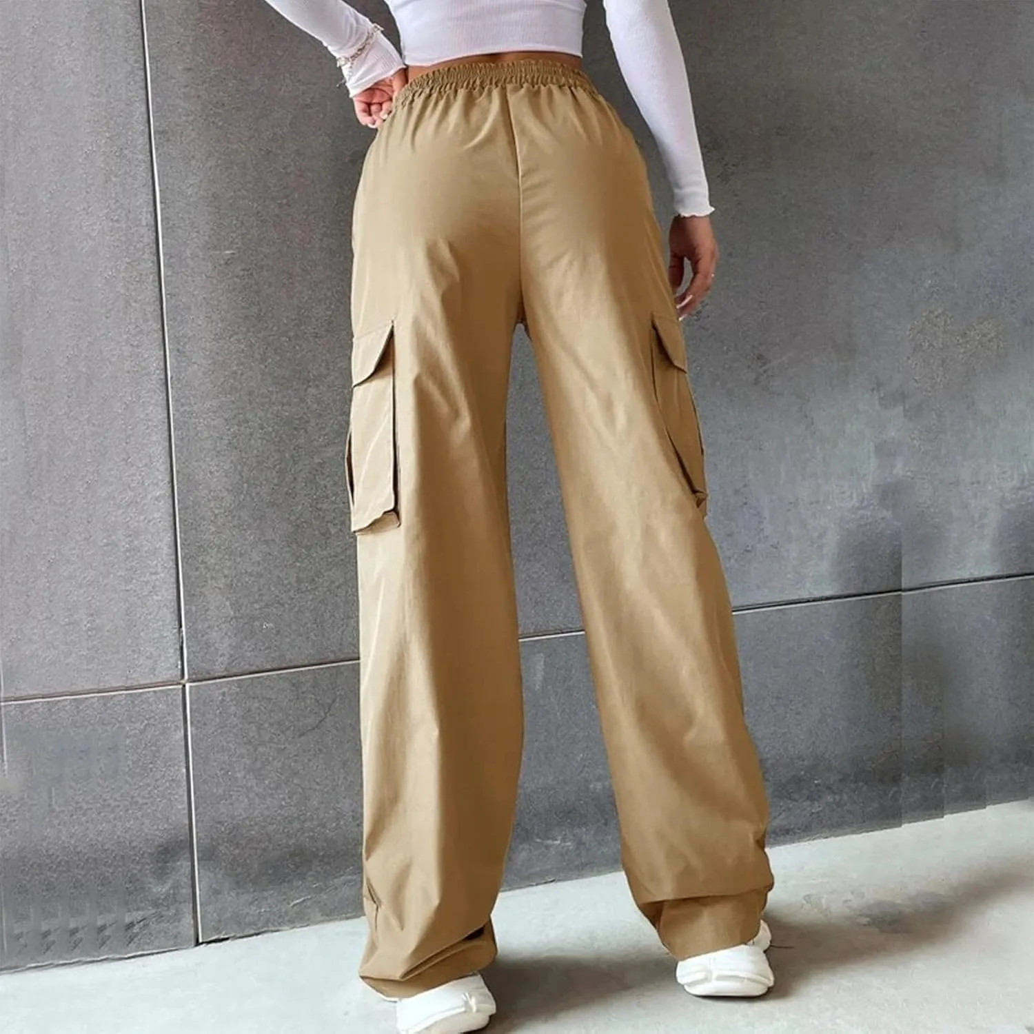 Women's Wide Leg Cargo Pants Plus Size Loose Elastic High Waisted Straight Leg Pants Y2k Loose Solid Lounge Trousers