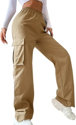 Women's Wide Leg Cargo Pants Plus Size Loose Elastic High Waisted Straight Leg Pants Y2k Loose Solid Lounge Trousers