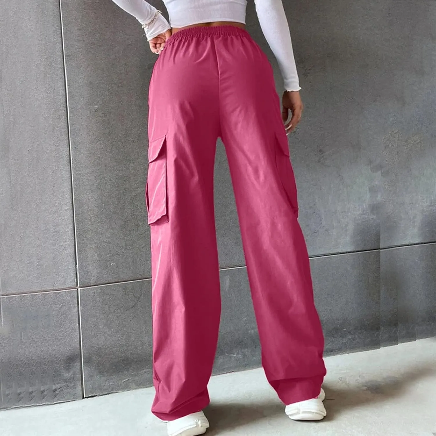 Women's Wide Leg Cargo Pants Plus Size Loose Elastic High Waisted Straight Leg Pants Y2k Loose Solid Lounge Trousers
