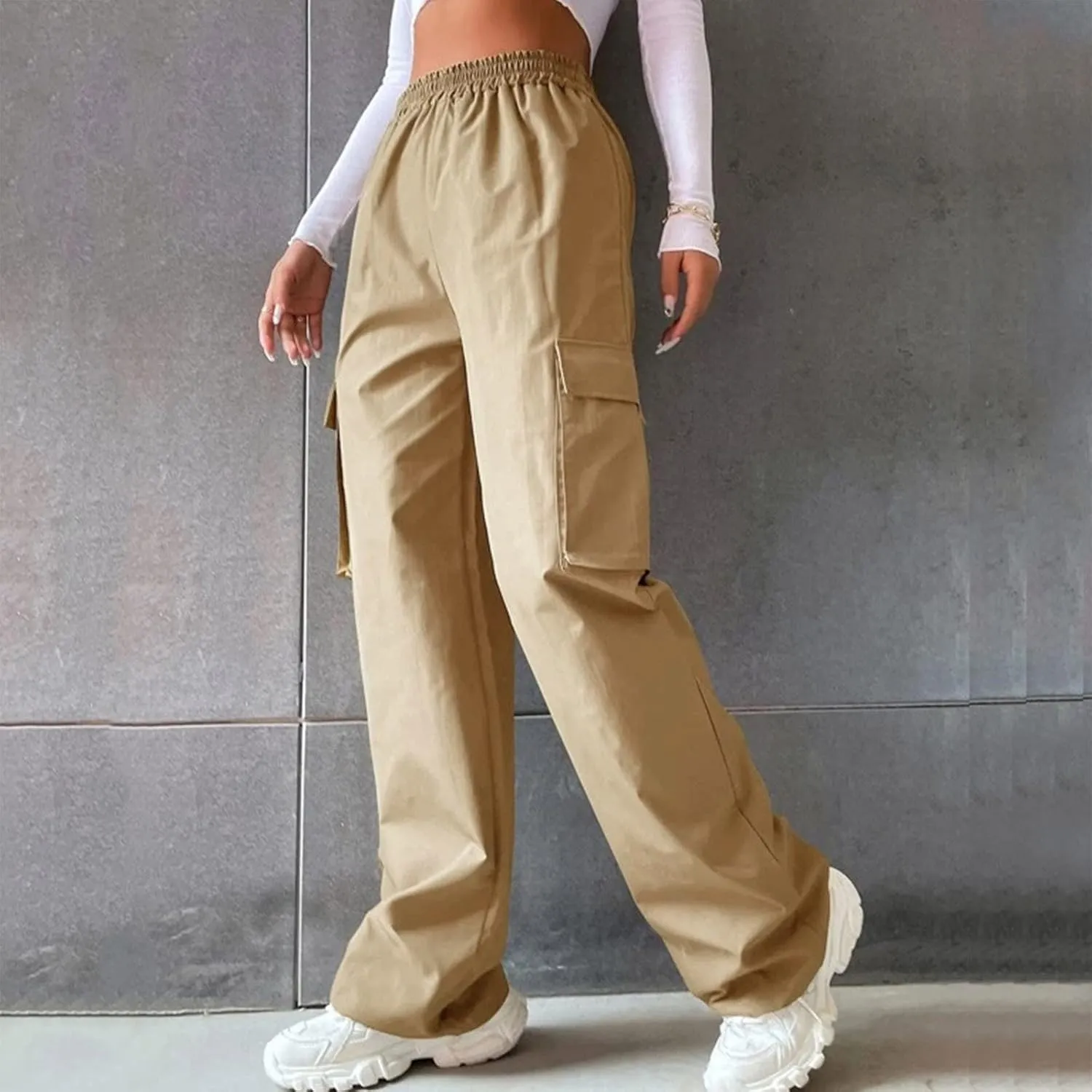 Women's Wide Leg Cargo Pants Plus Size Loose Elastic High Waisted Straight Leg Pants Y2k Loose Solid Lounge Trousers
