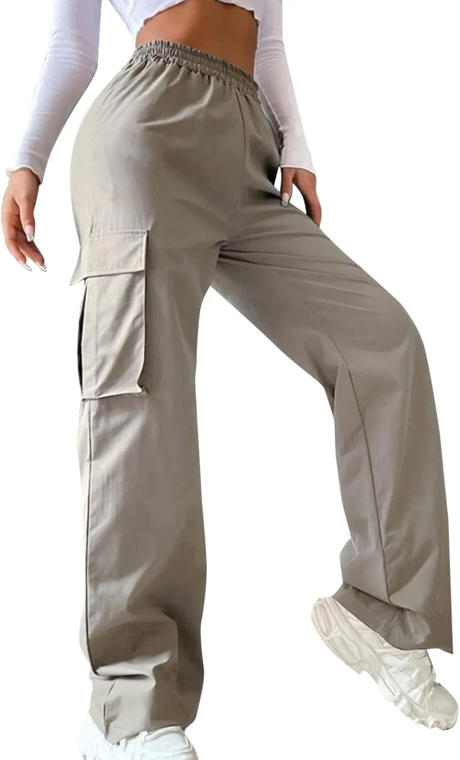 Women's Wide Leg Cargo Pants Plus Size Loose Elastic High Waisted Straight Leg Pants Y2k Loose Solid Lounge Trousers