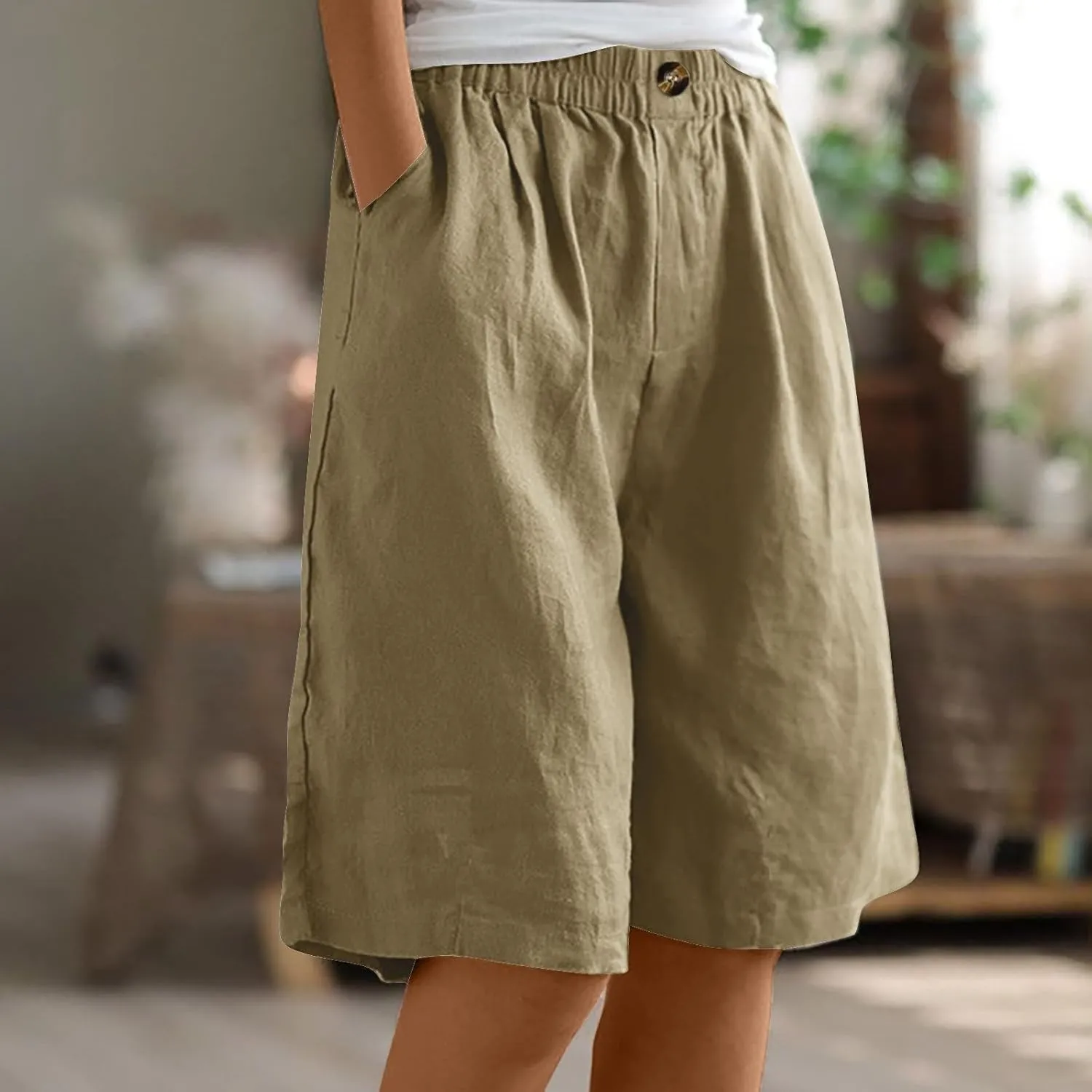 Womens Wide Leg Cotton Linen Shorts 2025 Comfy Bermuda Shorts Summer Casual Short Pants Loose Knee Length Shorts