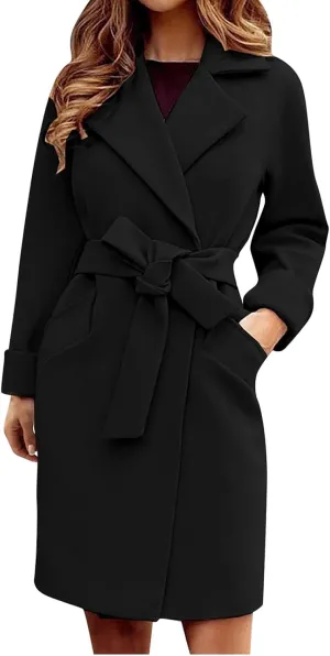 Women’S Wool Blend Winter Coats Double Breasted Notch Lapel Trench Coat Thicken Warm Overcoat Jackets with Belts