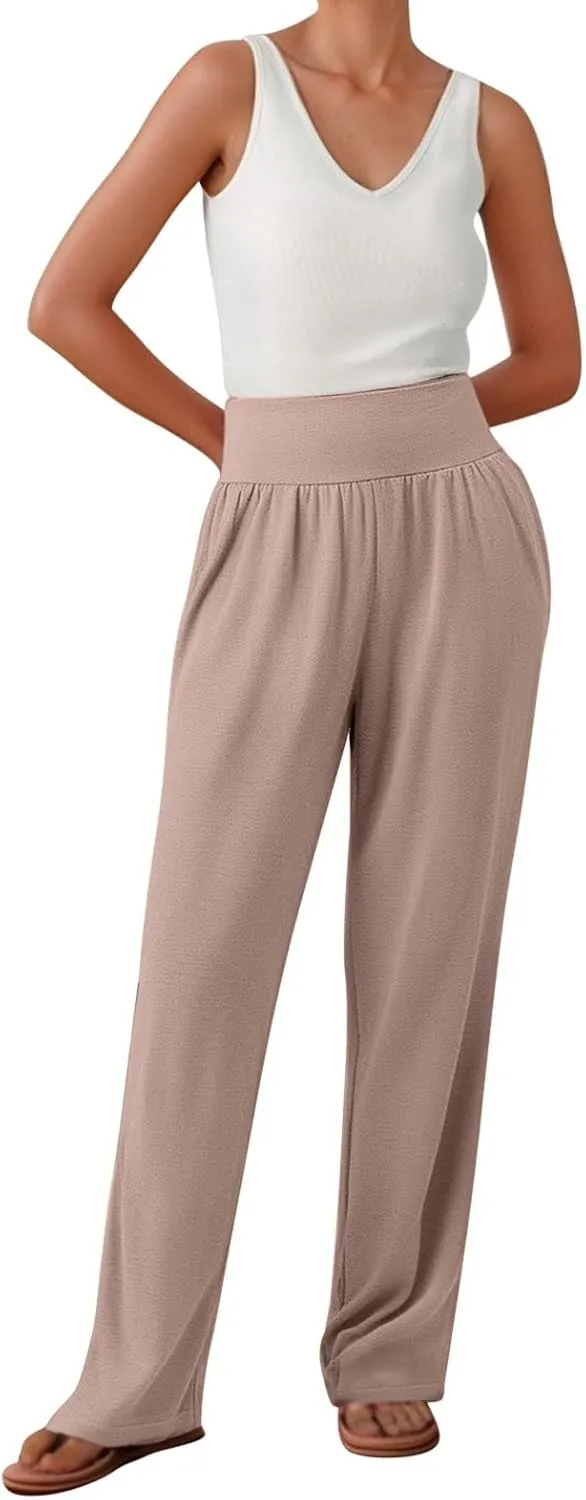 Women's Yoga Jogging Long Pants Casual Wide Straight Leg Loose Fit Bottoms High Waisted Elastic Athletic Workout Trousers