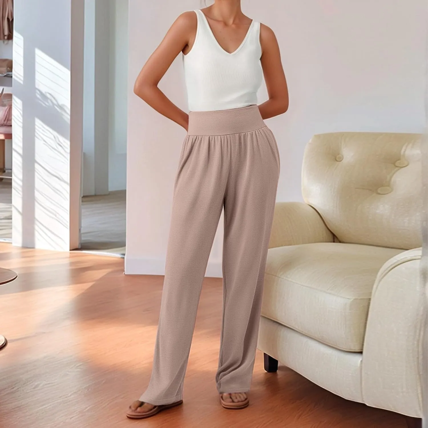 Women's Yoga Jogging Long Pants Casual Wide Straight Leg Loose Fit Bottoms High Waisted Elastic Athletic Workout Trousers