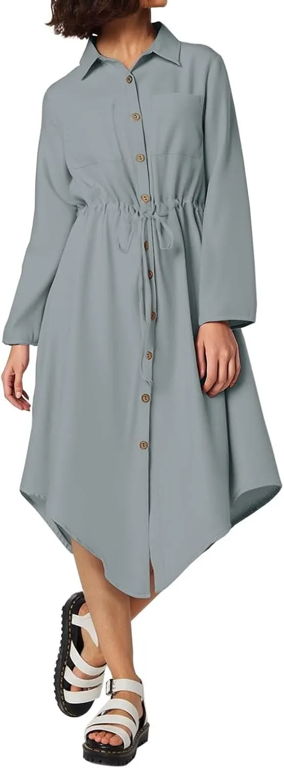 Work Dresses for Women 2025 Fitted Holiday Button Down Long Sleeve Tie Waist Tshirt Dress Boho Spring Break Outfit Women