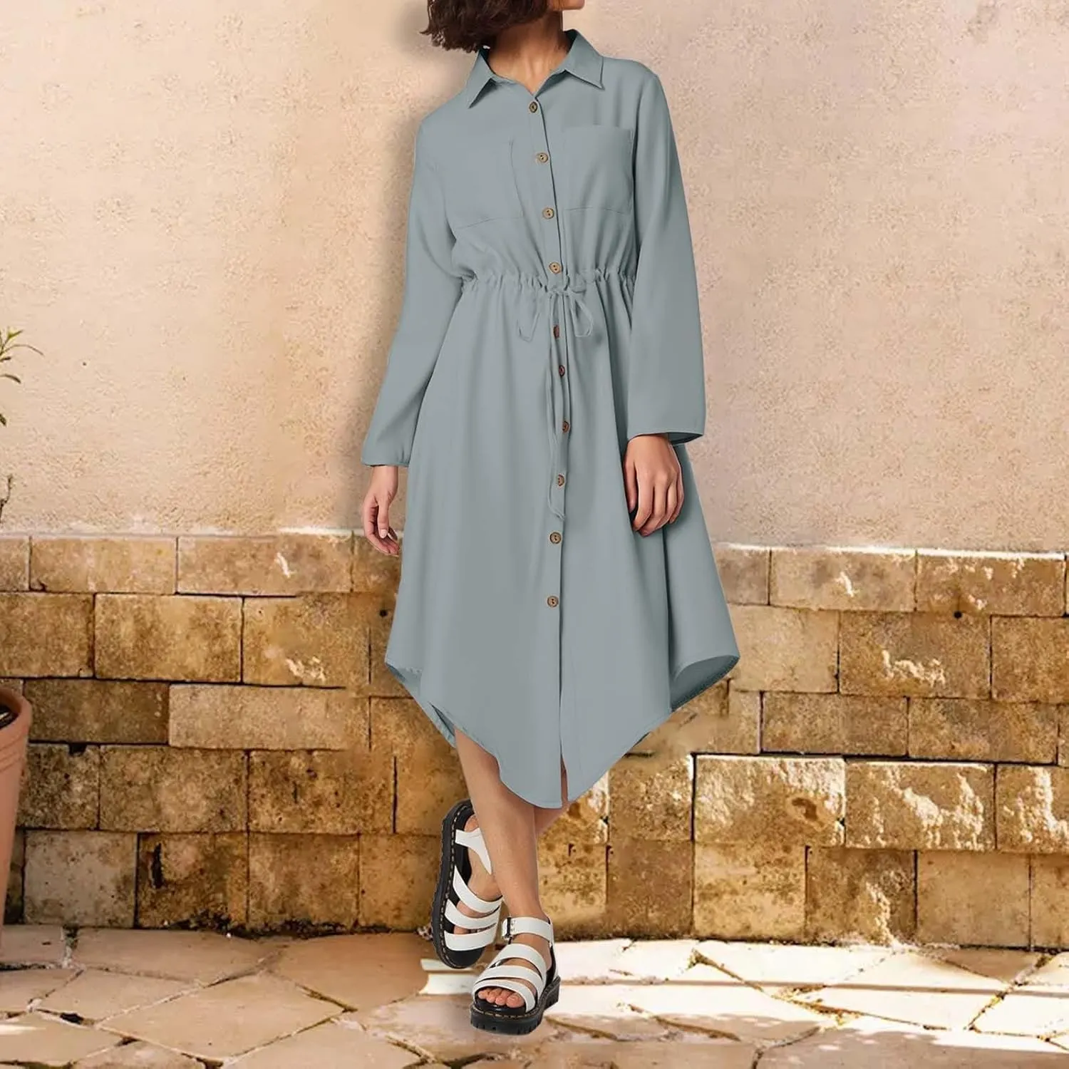 Work Dresses for Women 2025 Fitted Holiday Button Down Long Sleeve Tie Waist Tshirt Dress Boho Spring Break Outfit Women