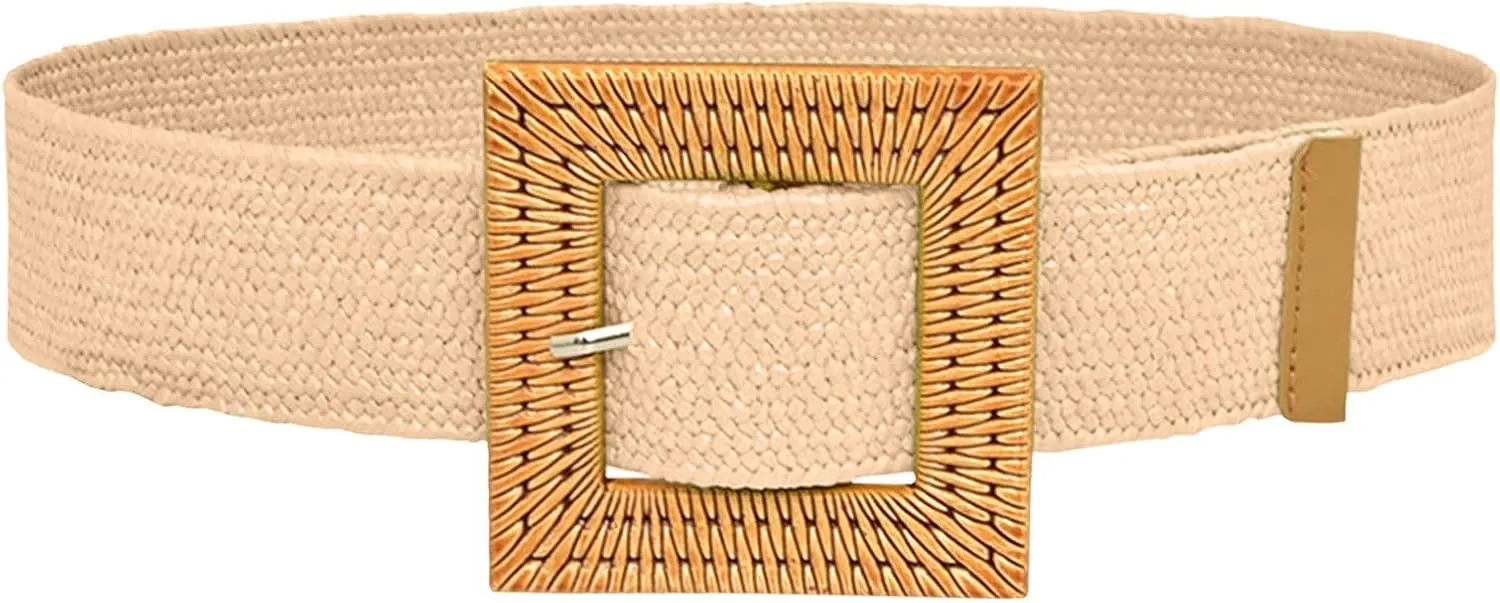 Woven Belt for Women Straw Woven Elastic Stretch Wide Waist Belt Bohemian with Buckle