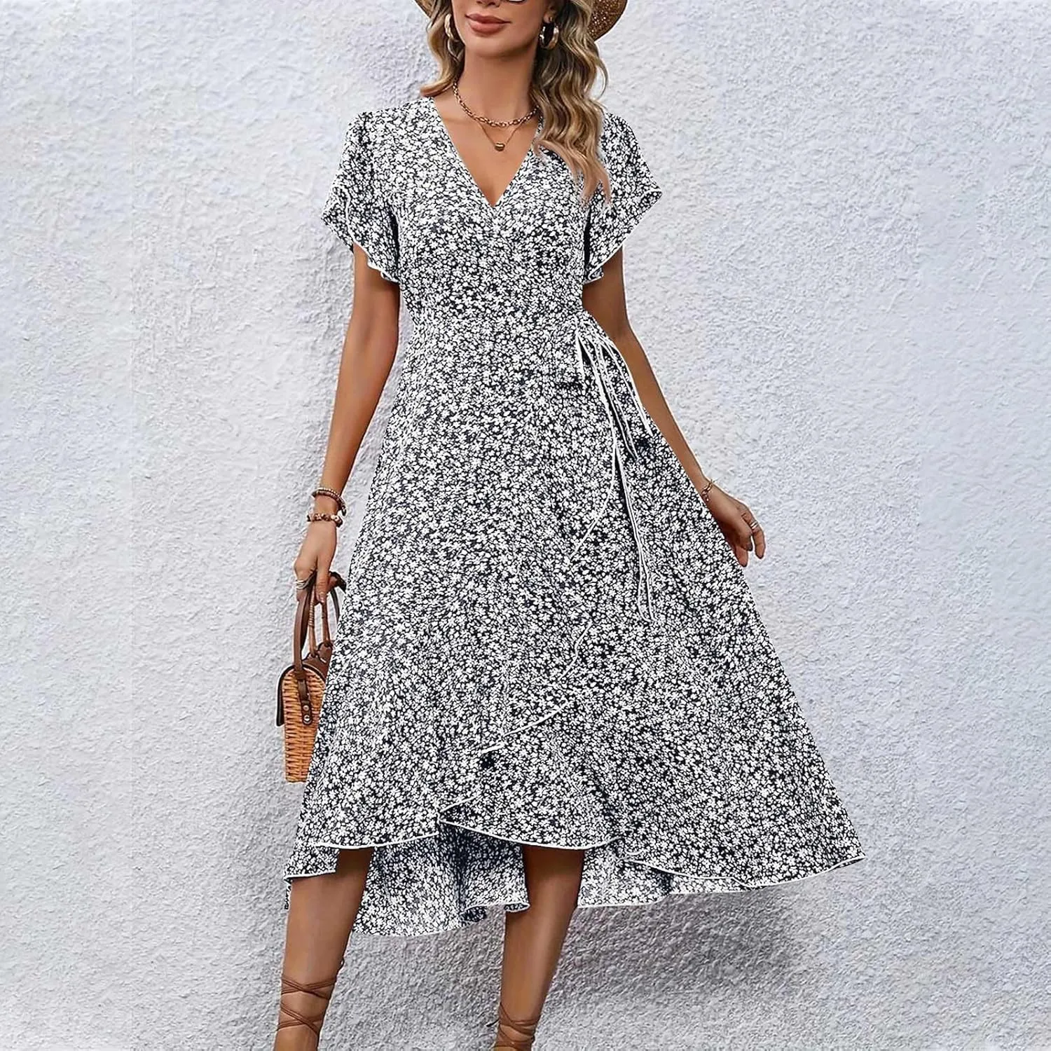 Wrap Dresses for Women 2025 Summer Sexy V Neck Short Sleeve Floral Dress High Waist Split Ruffle Boho Midi Dresses