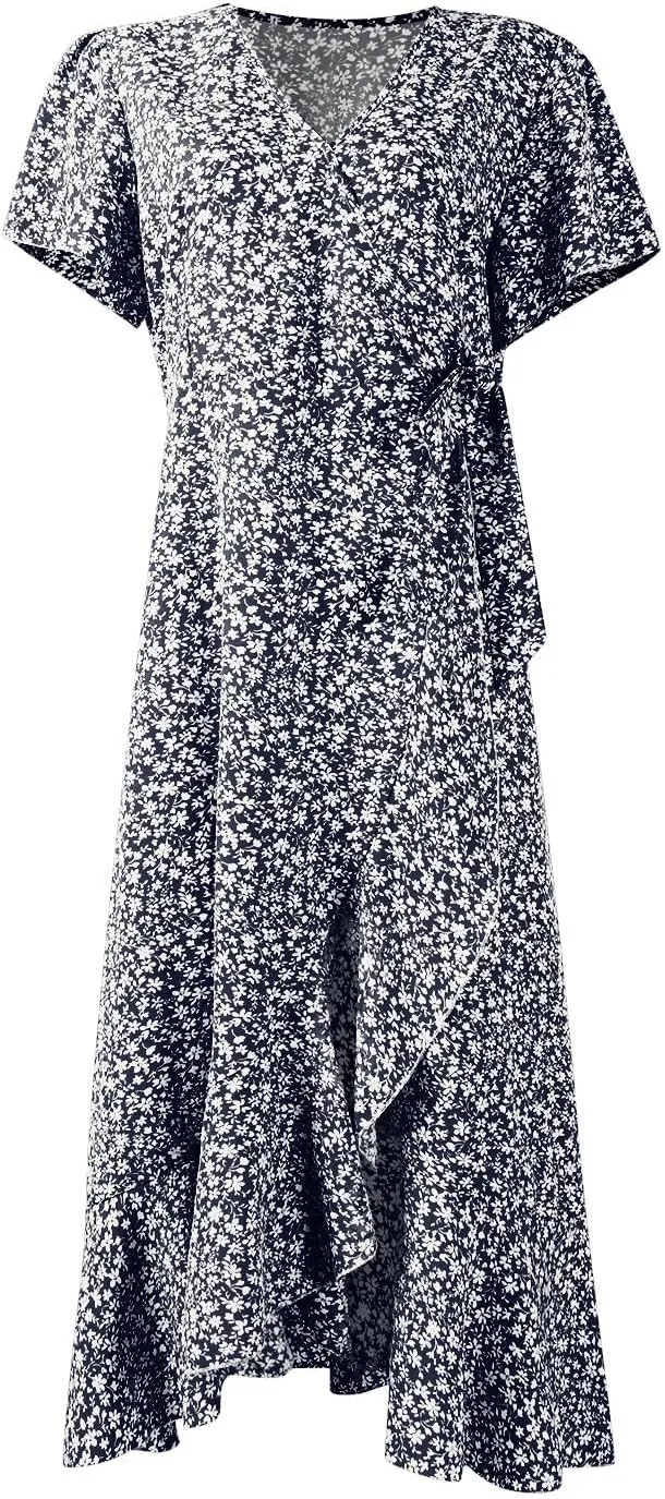 Wrap Dresses for Women 2025 Summer Sexy V Neck Short Sleeve Floral Dress High Waist Split Ruffle Boho Midi Dresses