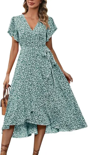 Wrap Dresses for Women 2025 Summer Sexy V Neck Short Sleeve Floral Dress High Waist Split Ruffle Boho Midi Dresses