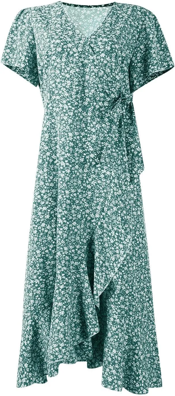 Wrap Dresses for Women 2025 Summer Sexy V Neck Short Sleeve Floral Dress High Waist Split Ruffle Boho Midi Dresses