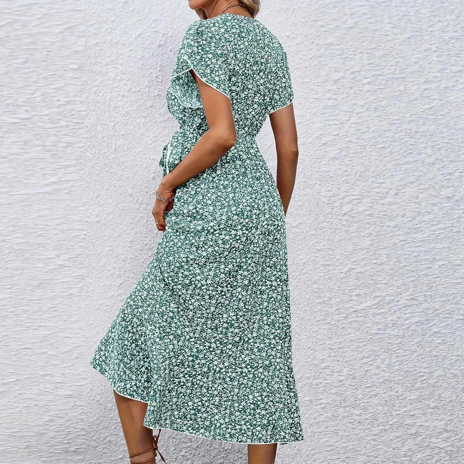 Wrap Dresses for Women 2025 Summer Sexy V Neck Short Sleeve Floral Dress High Waist Split Ruffle Boho Midi Dresses