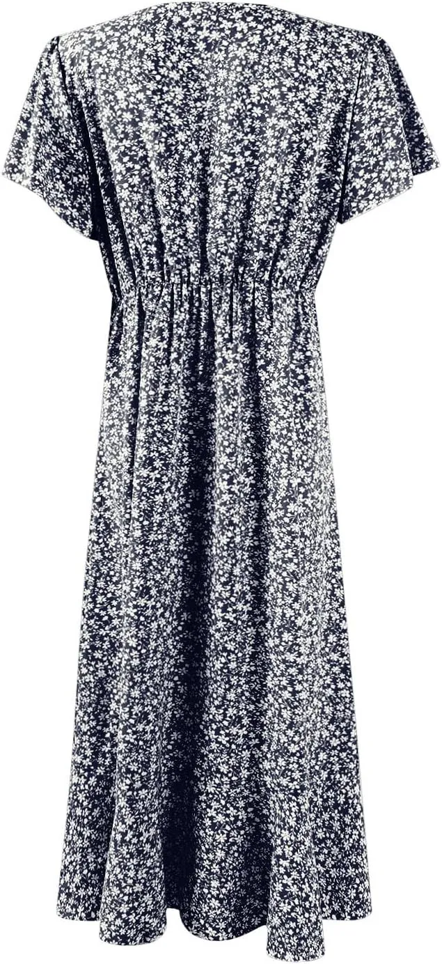 Wrap Dresses for Women 2025 Summer Sexy V Neck Short Sleeve Floral Dress High Waist Split Ruffle Boho Midi Dresses