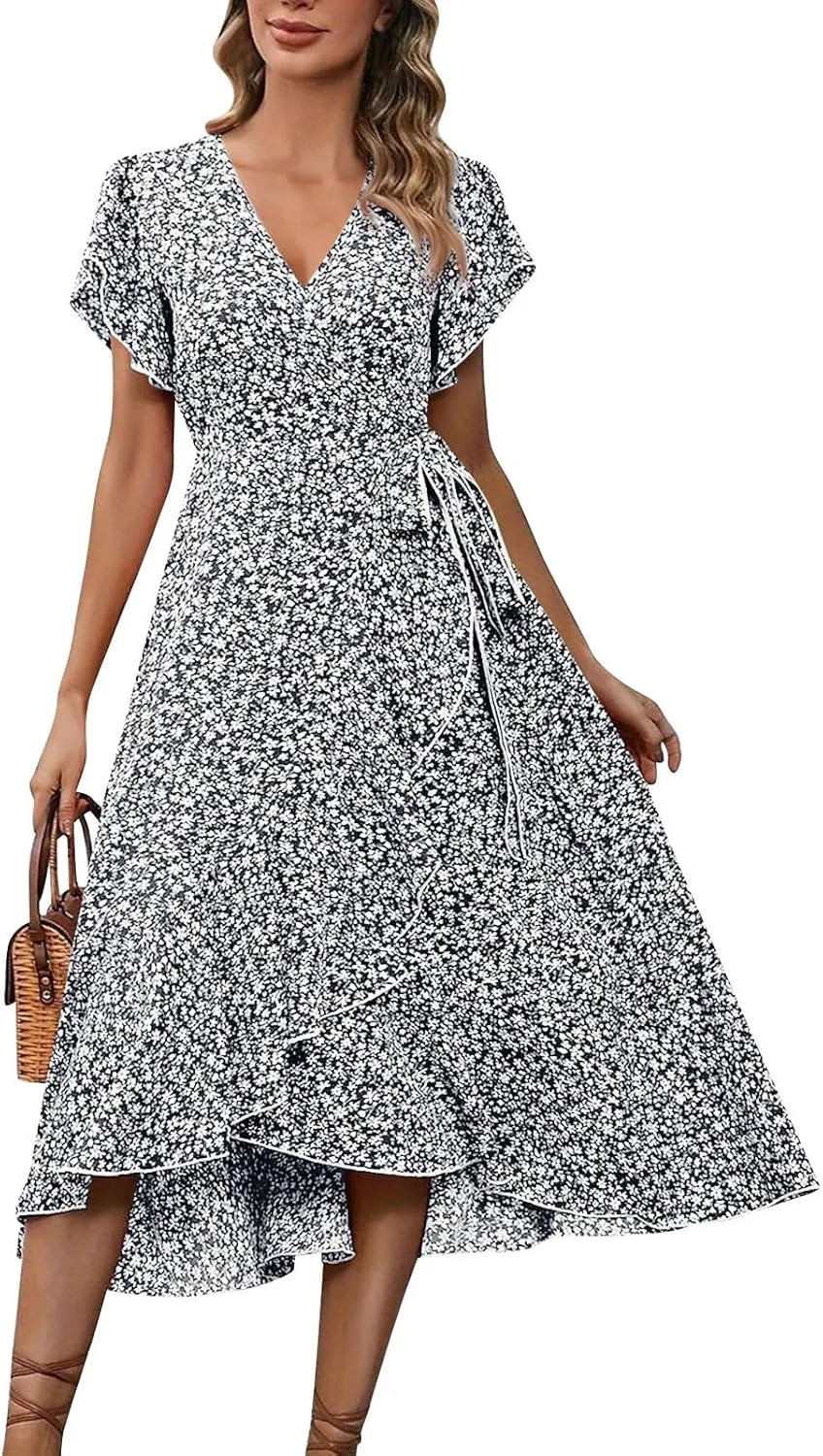 Wrap Dresses for Women 2025 Summer Sexy V Neck Short Sleeve Floral Dress High Waist Split Ruffle Boho Midi Dresses