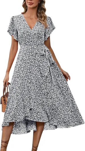 Wrap Dresses for Women 2025 Summer Sexy V Neck Short Sleeve Floral Dress High Waist Split Ruffle Boho Midi Dresses