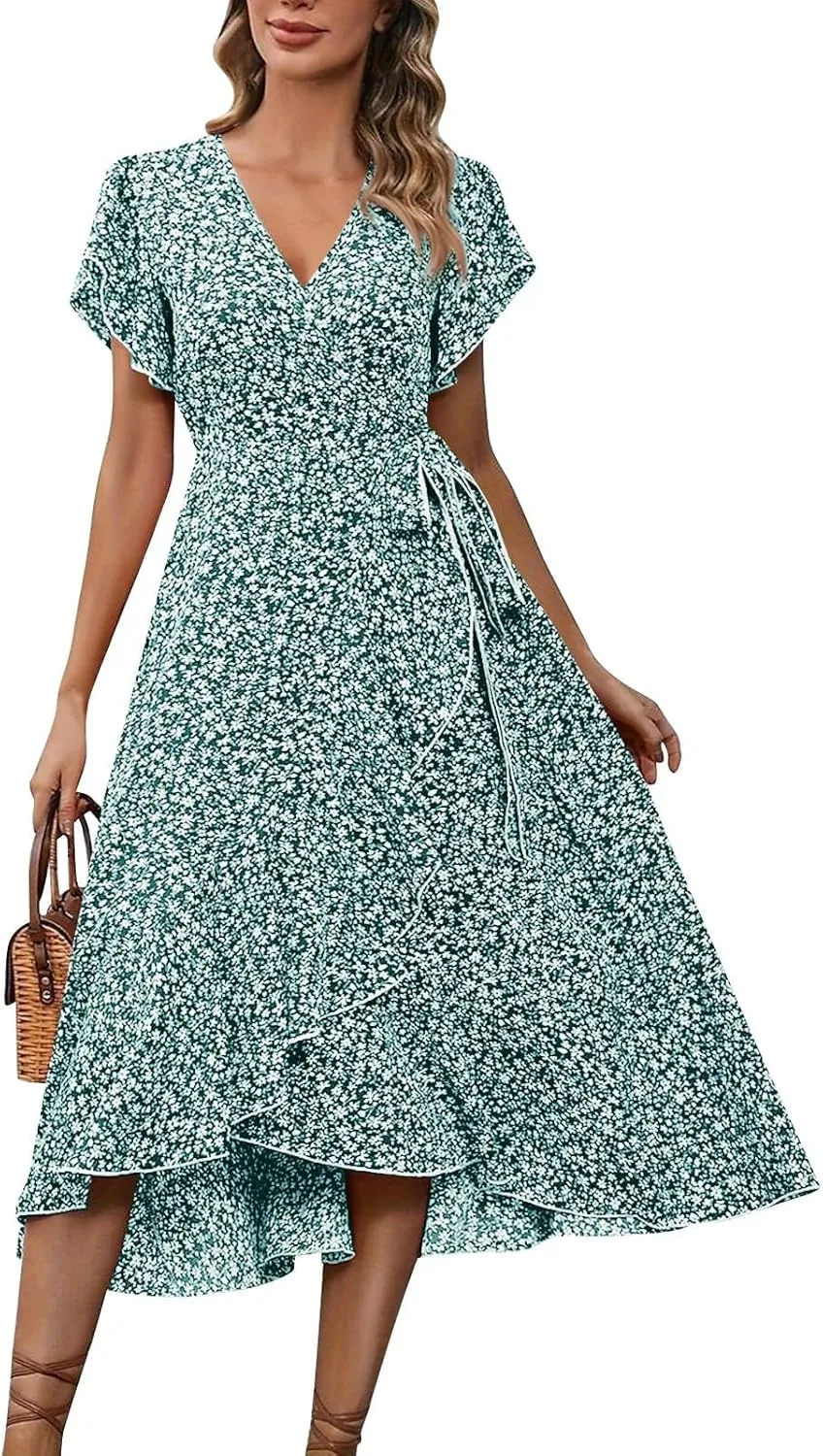Wrap Dresses for Women 2025 Summer Sexy V Neck Short Sleeve Floral Dress High Waist Split Ruffle Boho Midi Dresses
