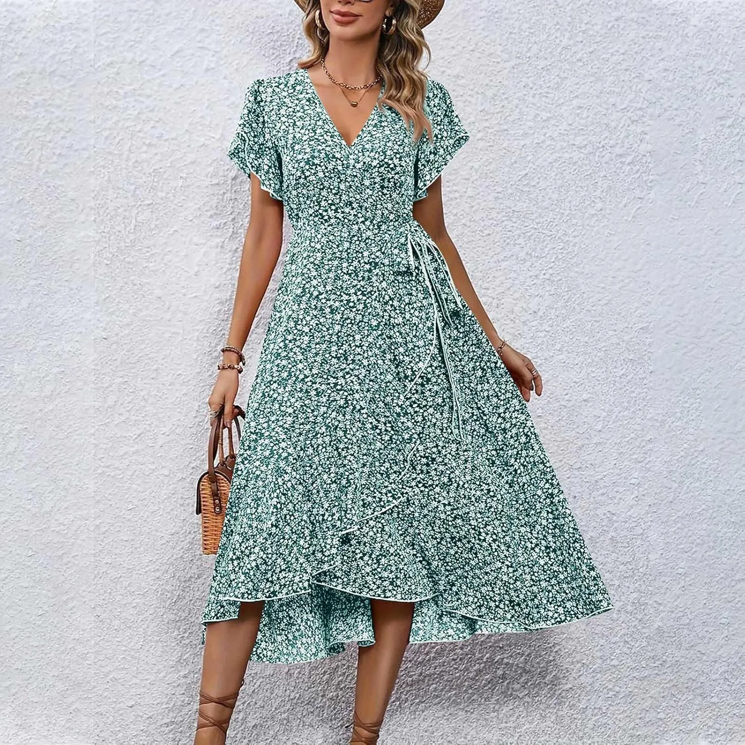 Wrap Dresses for Women 2025 Summer Sexy V Neck Short Sleeve Floral Dress High Waist Split Ruffle Boho Midi Dresses