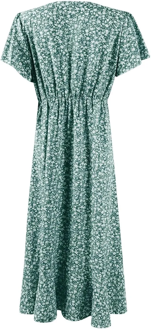 Wrap Dresses for Women 2025 Summer Sexy V Neck Short Sleeve Floral Dress High Waist Split Ruffle Boho Midi Dresses