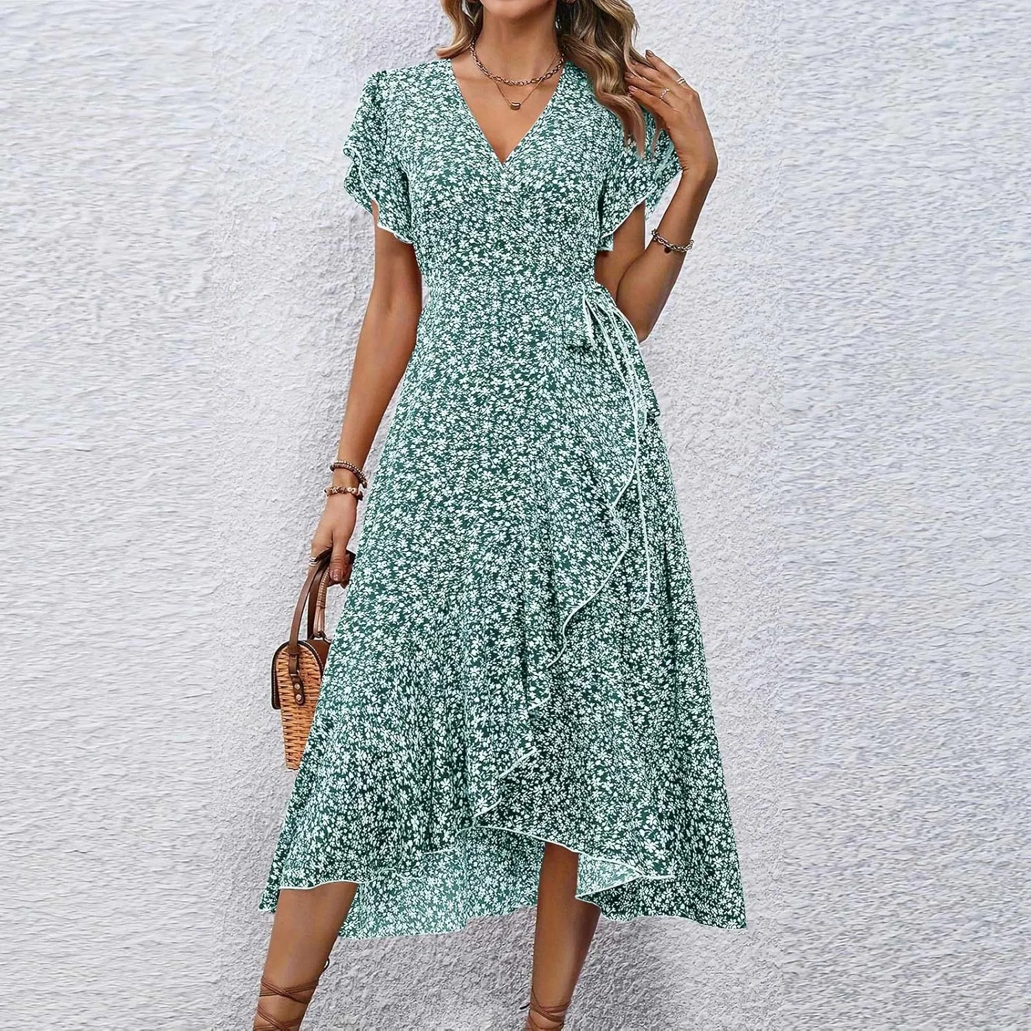Wrap Dresses for Women 2025 Summer Sexy V Neck Short Sleeve Floral Dress High Waist Split Ruffle Boho Midi Dresses