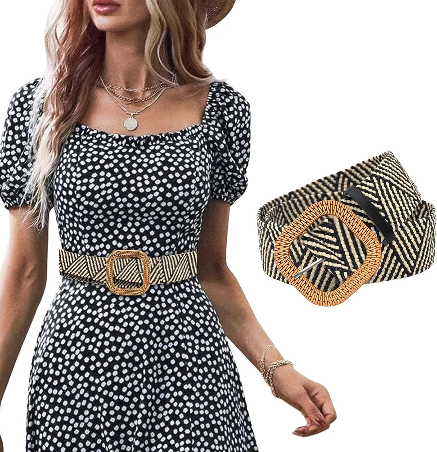 X Belt Women Belt Straw Woven Elastic Stretch Wide Waist Belts For Dresses With Buckle