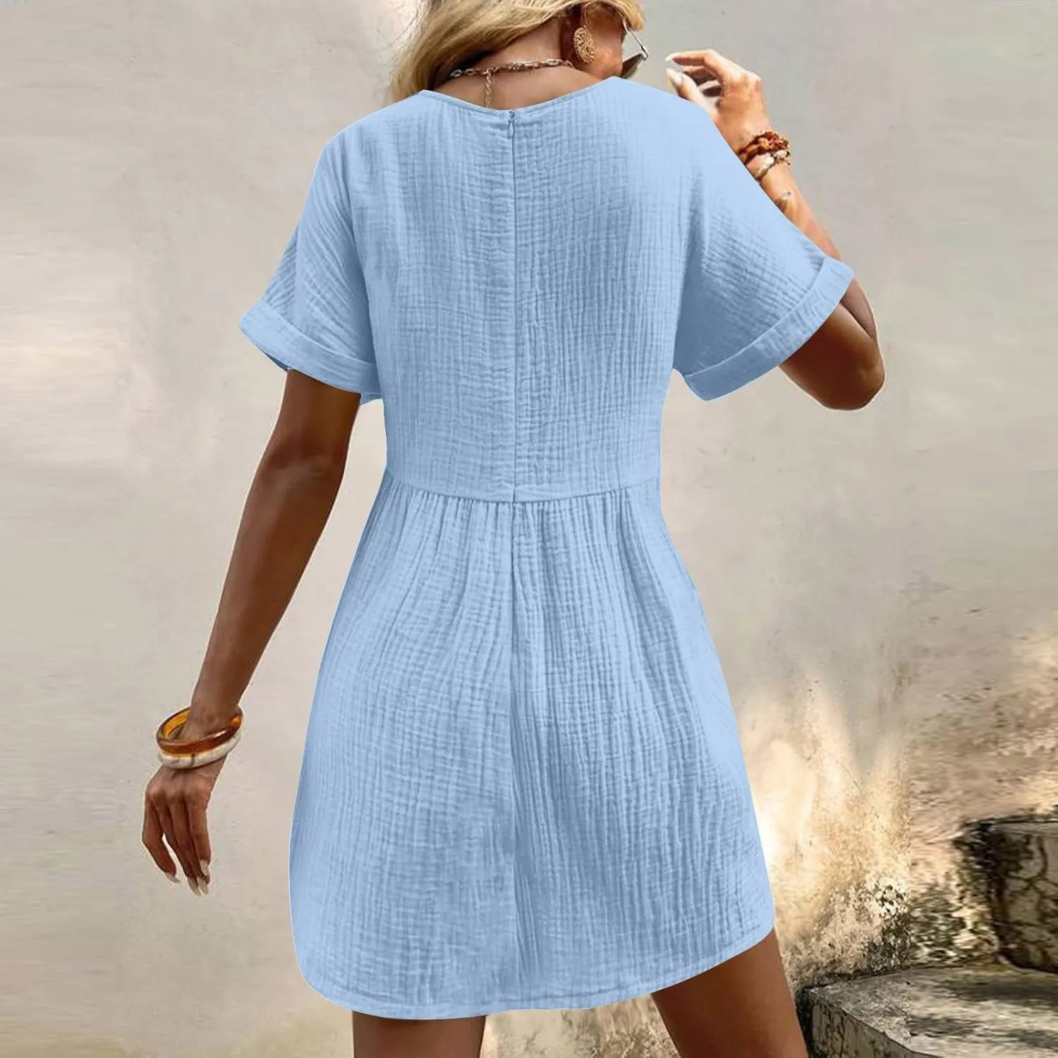 Xiaojmake Sleeveless Summer Dresses for Women Textured Pleated Line Mini Tshirt Dress with Pockets V Neck Loose Shift Dress