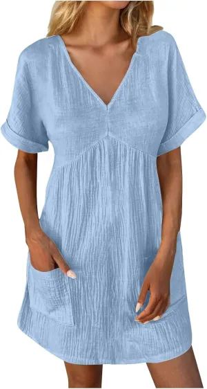 Xiaojmake Sleeveless Summer Dresses for Women Textured Pleated Line Mini Tshirt Dress with Pockets V Neck Loose Shift Dress