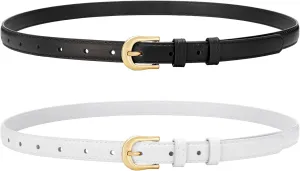 XZQTIVE 2 Pack 0.71'' Women Skinny Leather Belts for Jeans Dress Pants Thin Black Brown Belt for Ladies with Gold Buckle