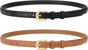 XZQTIVE 2 Pack 0.71'' Women Skinny Leather Belts for Jeans Dress Pants Thin Black Brown Belt for Ladies with Gold Buckle