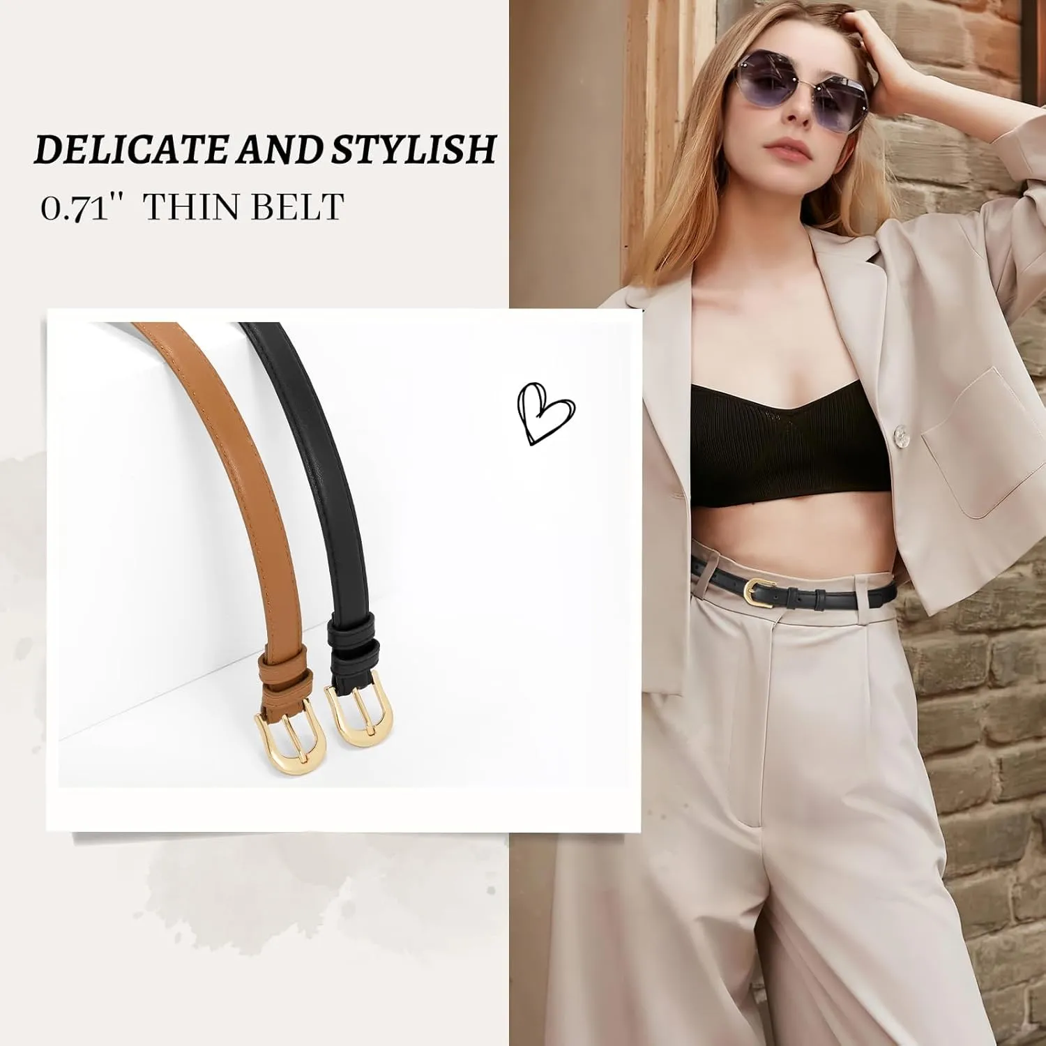 XZQTIVE 2 Pack 0.71'' Women Skinny Leather Belts for Jeans Dress Pants Thin Black Brown Belt for Ladies with Gold Buckle