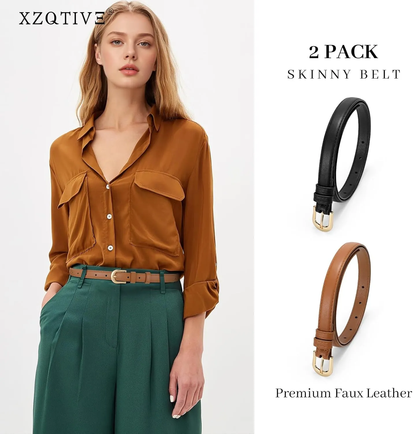 XZQTIVE 2 Pack 0.71'' Women Skinny Leather Belts for Jeans Dress Pants Thin Black Brown Belt for Ladies with Gold Buckle