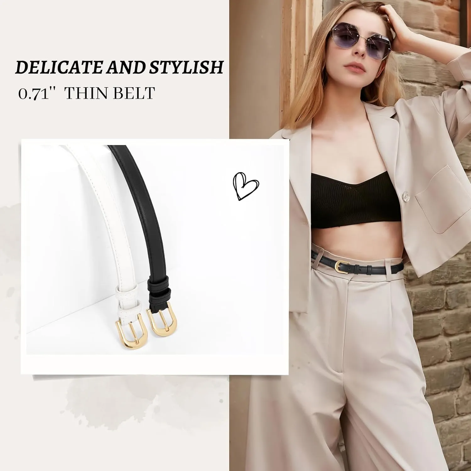 XZQTIVE 2 Pack 0.71'' Women Skinny Leather Belts for Jeans Dress Pants Thin Black Brown Belt for Ladies with Gold Buckle
