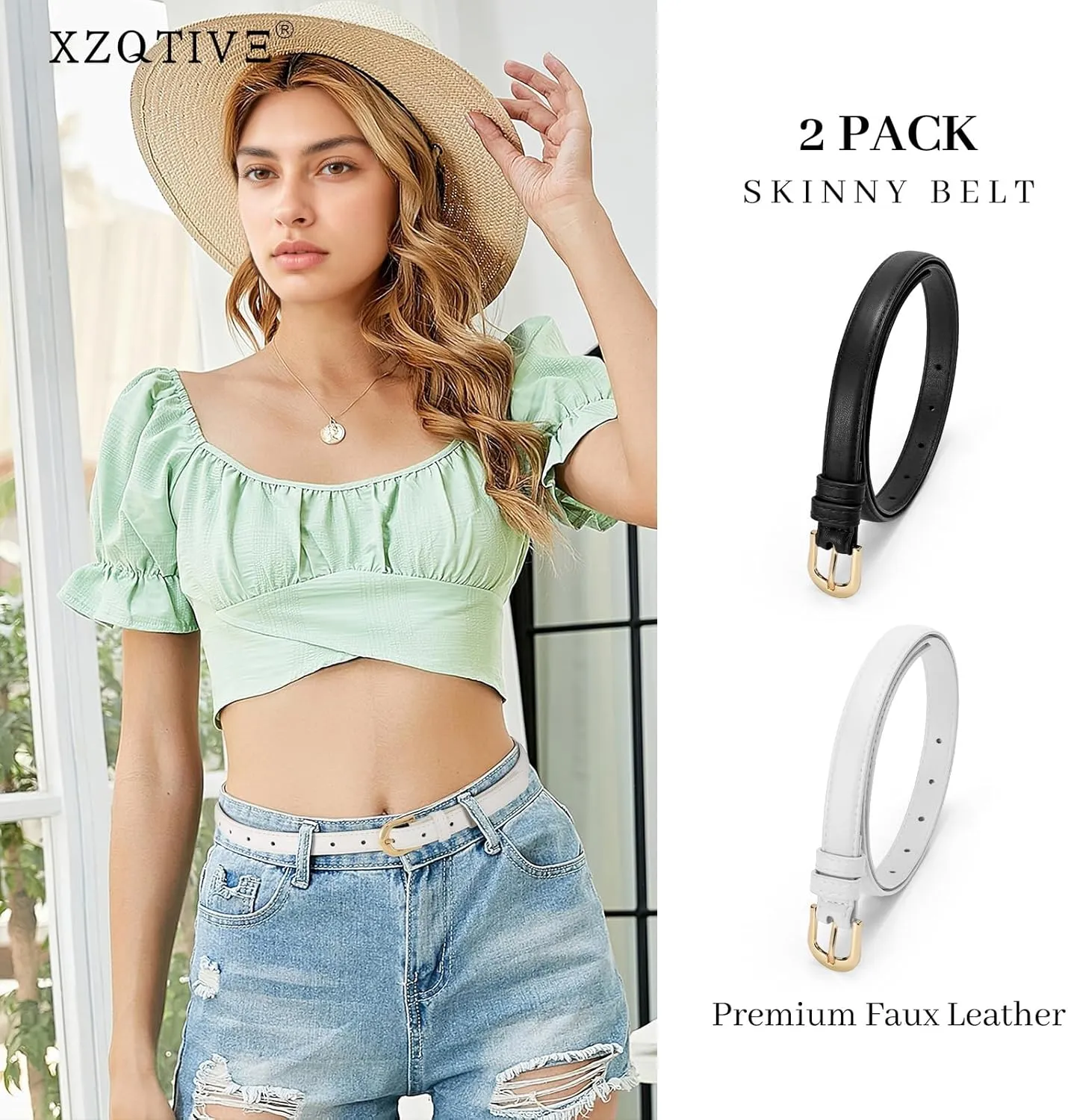 XZQTIVE 2 Pack 0.71'' Women Skinny Leather Belts for Jeans Dress Pants Thin Black Brown Belt for Ladies with Gold Buckle