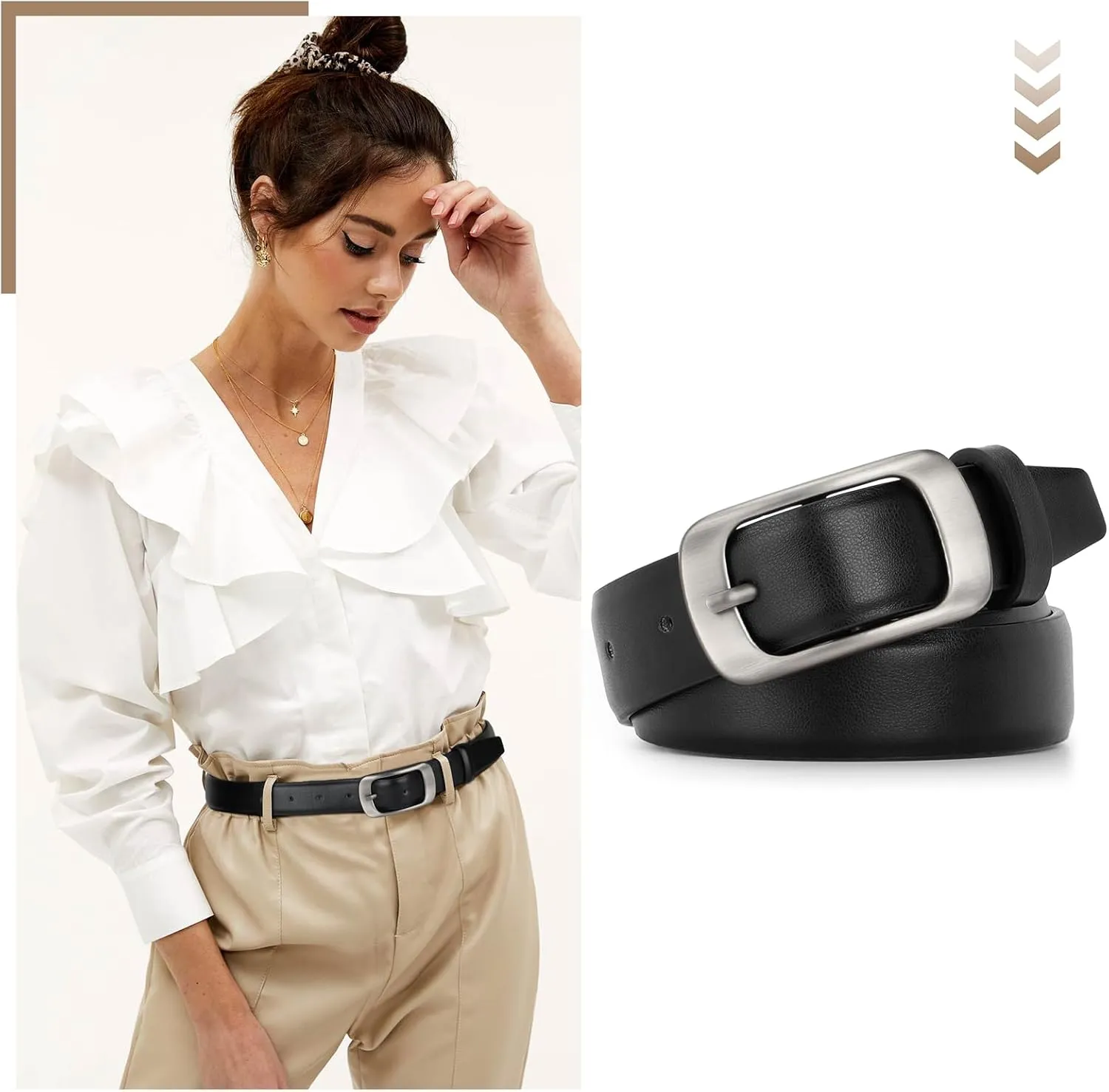 XZQTIVE Women Leather Belts for Jeans Pants, Black/Brown Waist Dress Belts with Gold/Silver Buckles, Fit Sizes S to XL
