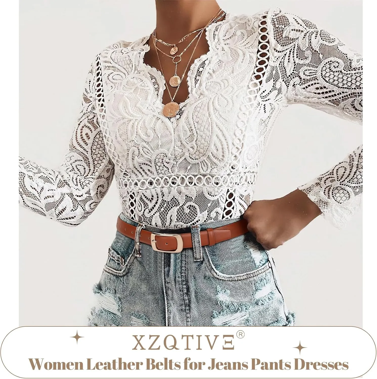 XZQTIVE Women Leather Belts for Jeans Pants, Black/Brown Waist Dress Belts with Gold/Silver Buckles, Fit Sizes S to XL