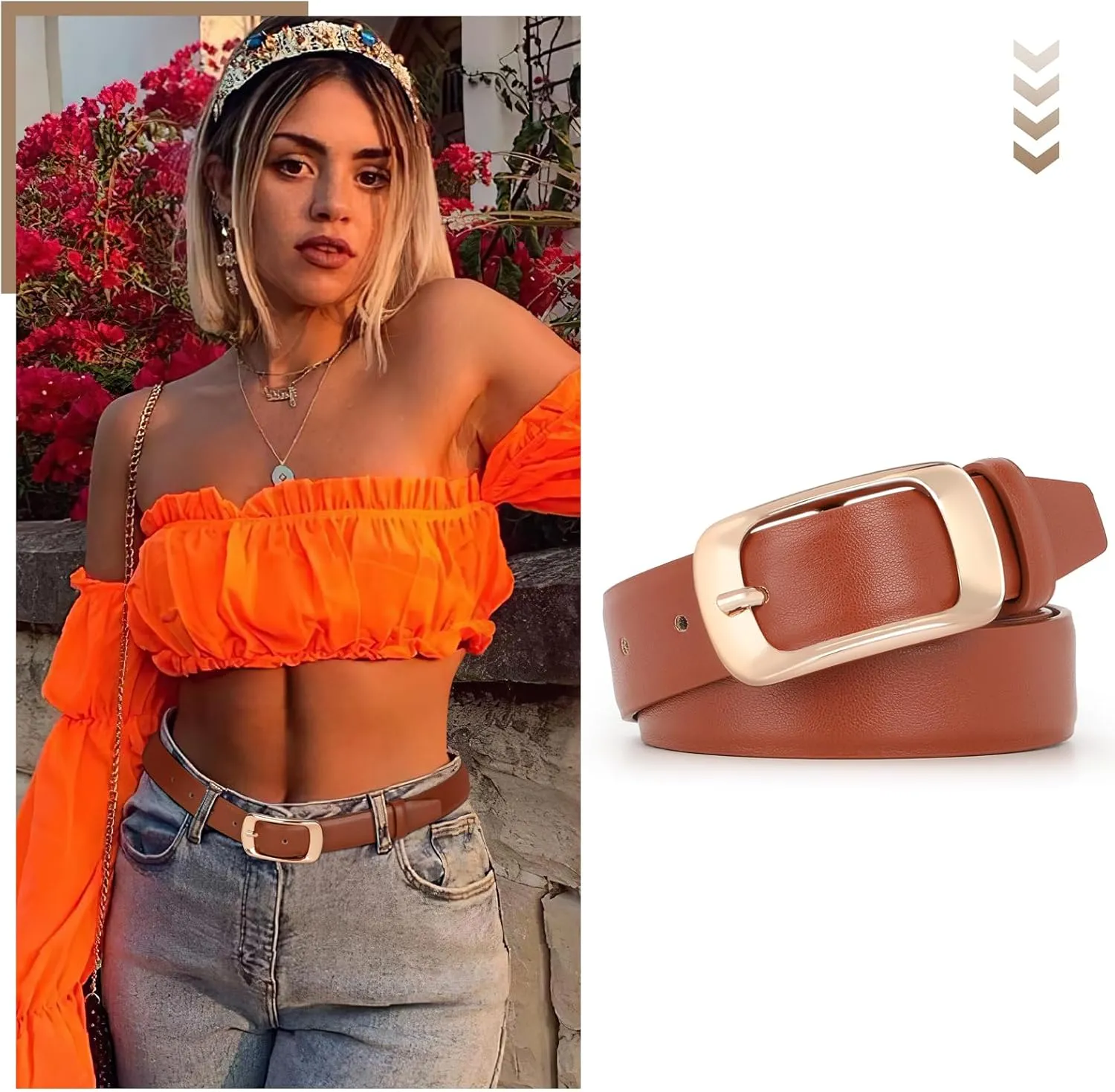 XZQTIVE Women Leather Belts for Jeans Pants, Black/Brown Waist Dress Belts with Gold/Silver Buckles, Fit Sizes S to XL