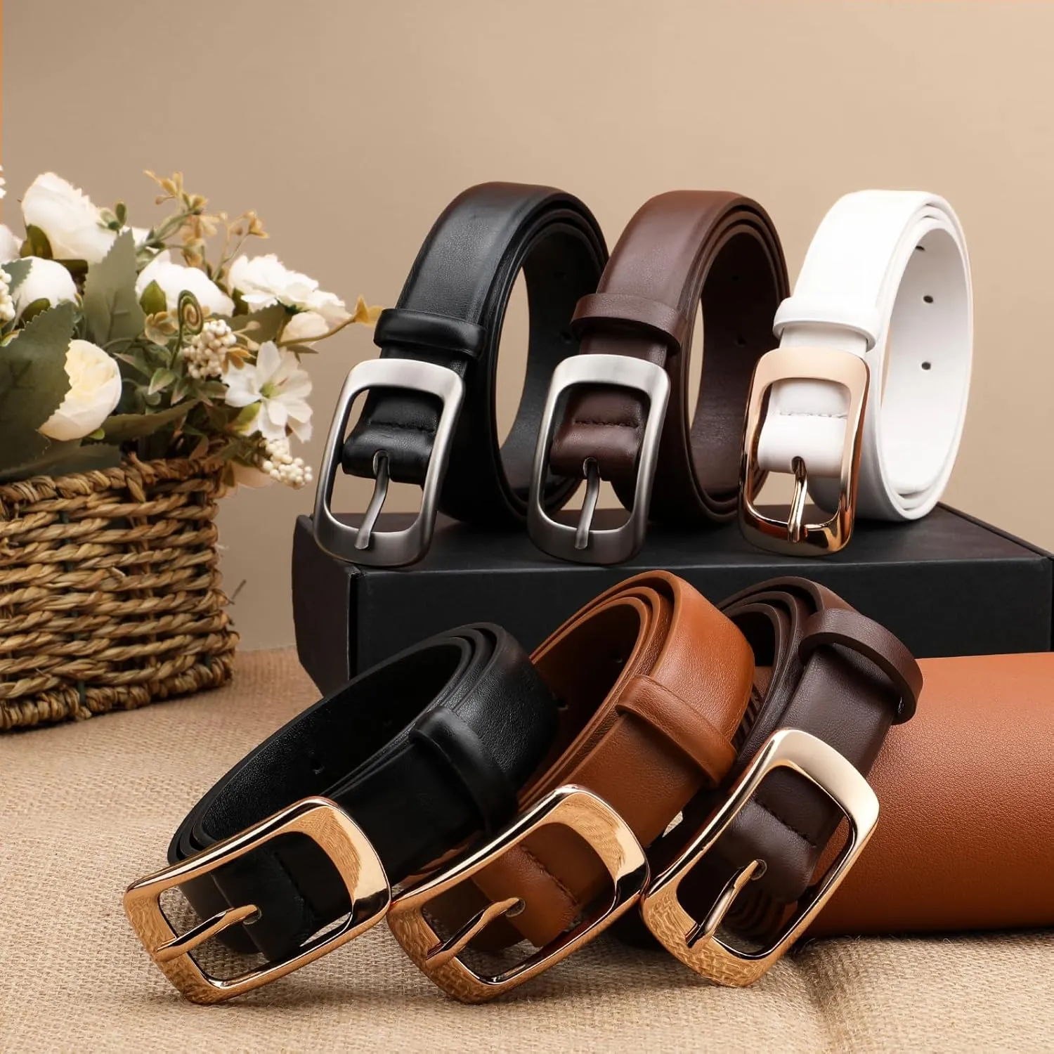 XZQTIVE Women Leather Belts for Jeans Pants, Black/Brown Waist Dress Belts with Gold/Silver Buckles, Fit Sizes S to XL