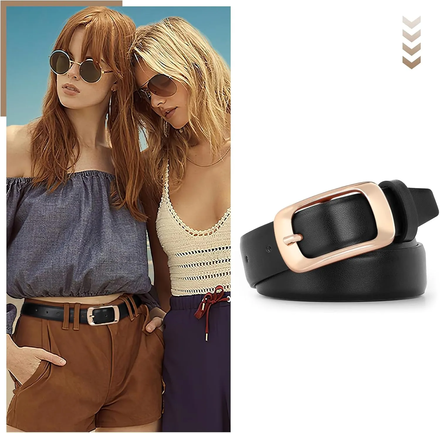 XZQTIVE Women Leather Belts for Jeans Pants, Black/Brown Waist Dress Belts with Gold/Silver Buckles, Fit Sizes S to XL