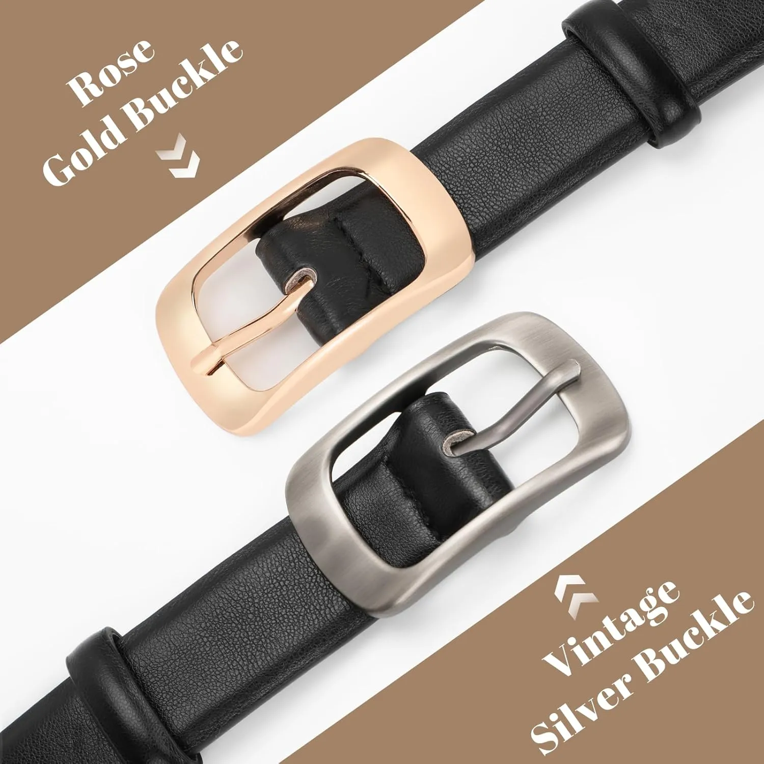 XZQTIVE Women Leather Belts for Jeans Pants, Black/Brown Waist Dress Belts with Gold/Silver Buckles, Fit Sizes S to XL