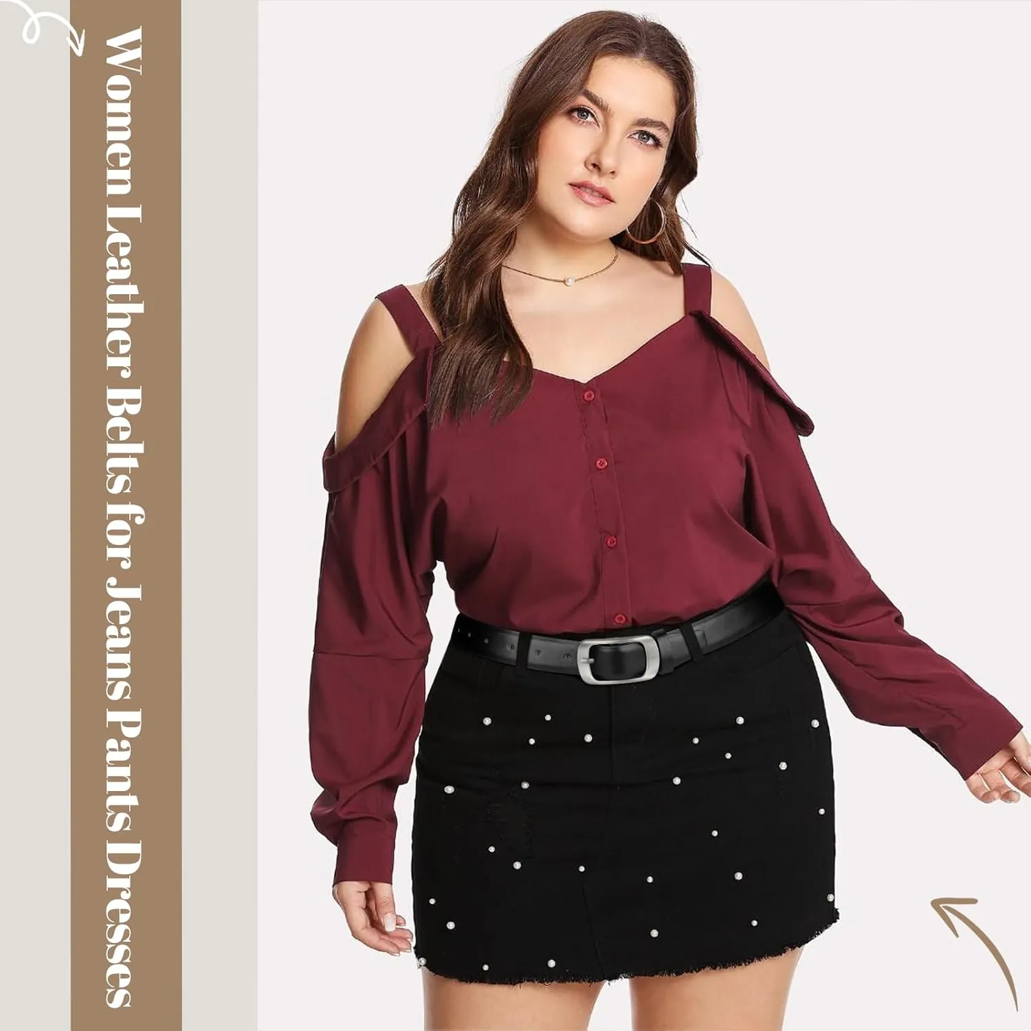 XZQTIVE Women Leather Belts for Jeans Pants, Black/Brown Waist Dress Belts with Gold/Silver Buckles, Fit Sizes S to XL