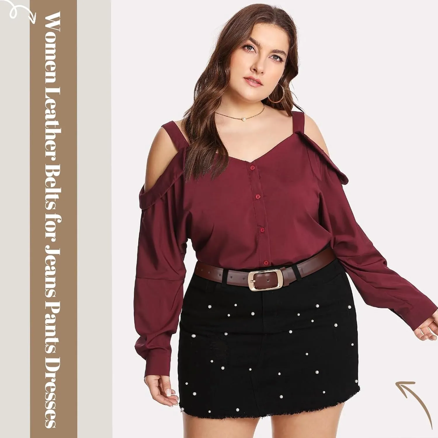 XZQTIVE Women Leather Belts for Jeans Pants, Black/Brown Waist Dress Belts with Gold/Silver Buckles, Fit Sizes S to XL