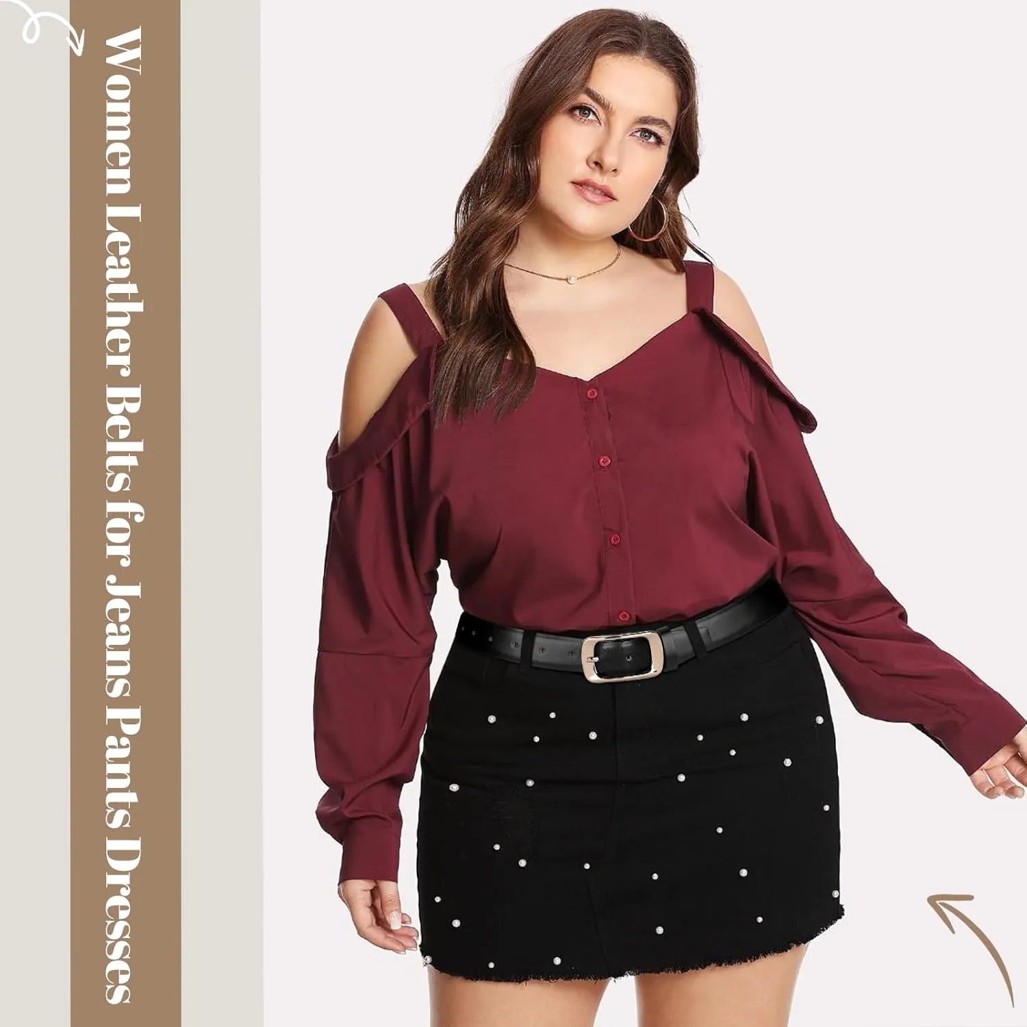 XZQTIVE Women Leather Belts for Jeans Pants, Black/Brown Waist Dress Belts with Gold/Silver Buckles, Fit Sizes S to XL