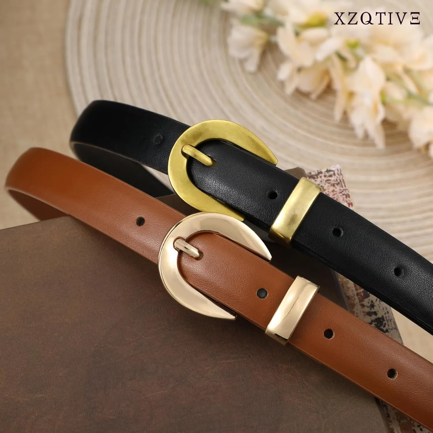 XZQTIVE Women's Leather Belts for Jeans Dress Pants Fashion Black Belts for Women Ladies Waist Belts with Gold Buckle