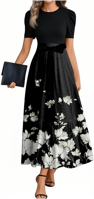 ZEFOTIM Long Dresses for Women 2025 Party Floral Dress Short Sleeve Crew Neck Dresses with Belt